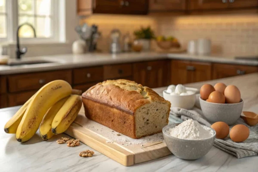 Overhead shot of 3 ingredient banana bread loaf cooling on a kitchen counter