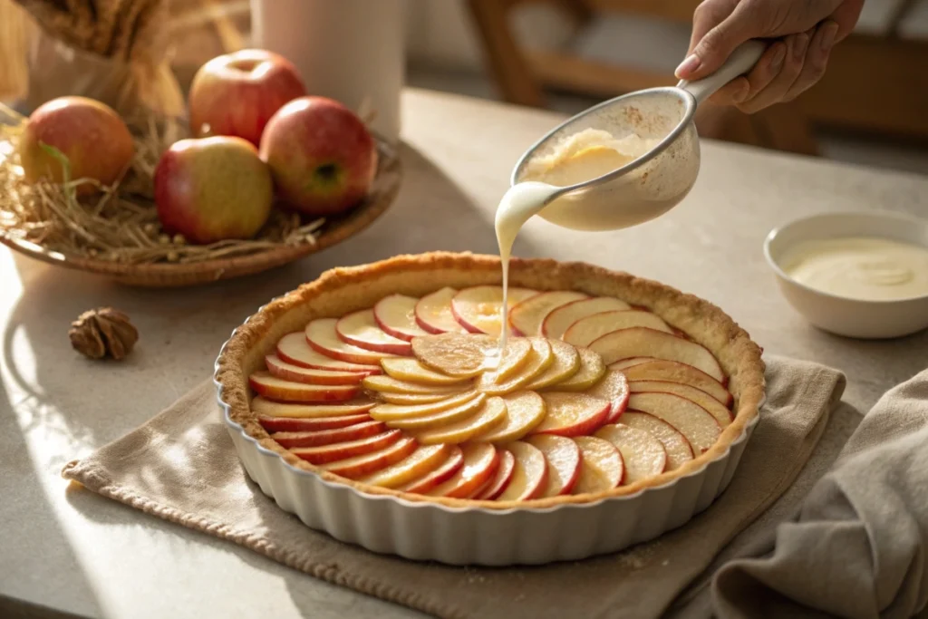 Sliced apples arranged in a pie dish with cream being poured over them in a kitchen setting.