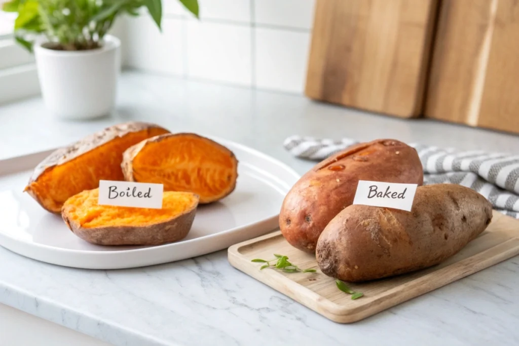 Comparison of boiled and baked sweet potatoes on a countertop.