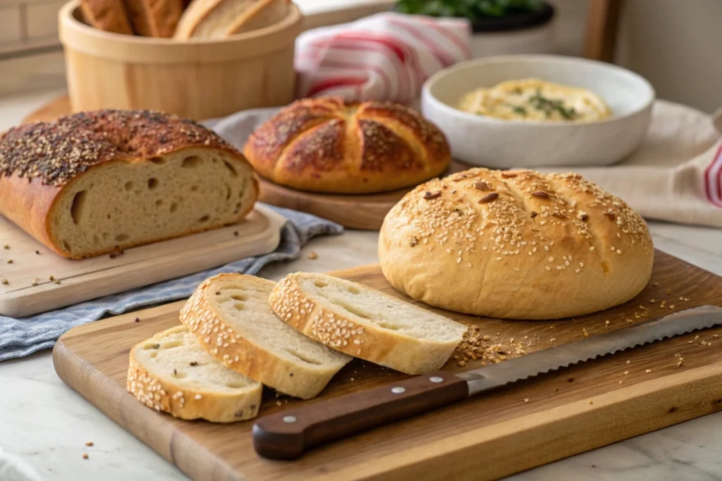 Bread options for muffaletta: classic round sesame loaf, focaccia, and ciabatta on a cutting board.