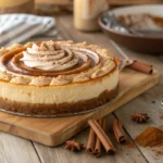 Close-up of churro cheesecake with a cinnamon-sugar crust and caramel drizzle on a rustic table.