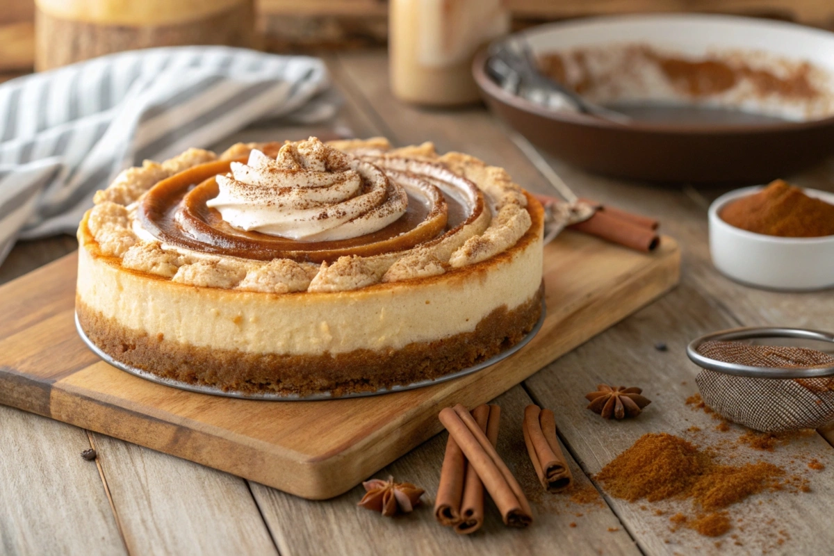 Close-up of churro cheesecake with a cinnamon-sugar crust and caramel drizzle on a rustic table.