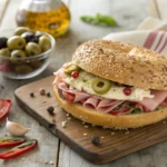 Classic New Orleans muffaletta sandwich with olive salad, deli meats, and cheeses on a sesame-seeded round loaf.