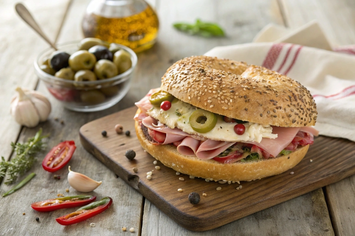 Classic New Orleans muffaletta sandwich with olive salad, deli meats, and cheeses on a sesame-seeded round loaf.