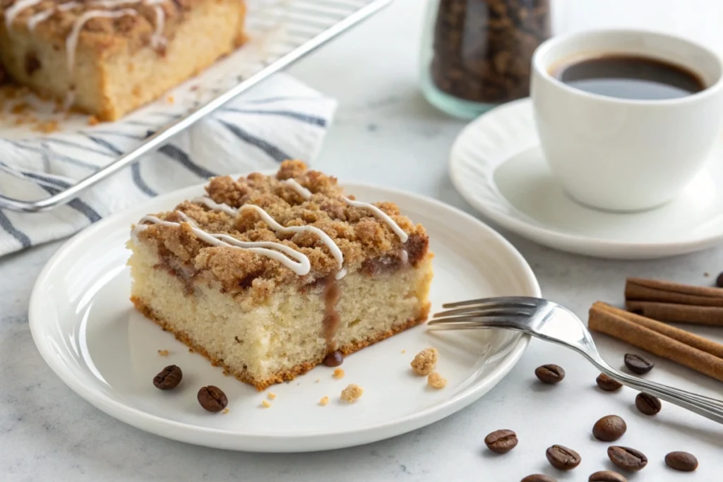 Close-up of a coffee cake slice with crumbly streusel topping