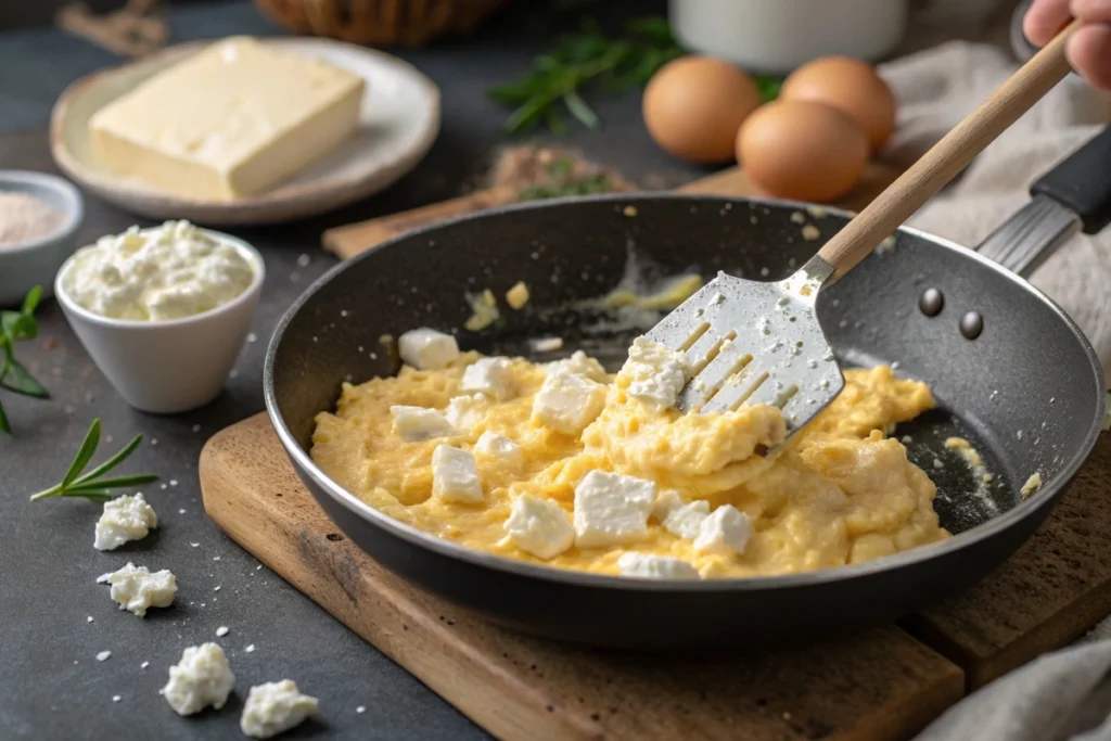 Close-up of scrambled eggs being folded with cottage cheese in a non-stick pan.