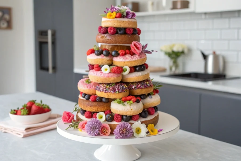 A donut cake tower decorated with berries, flowers, and sprinkles on a white stand.