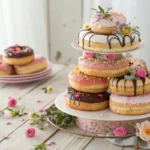 A donut cake centerpiece with assorted pastel-colored donuts frosted and decorated.