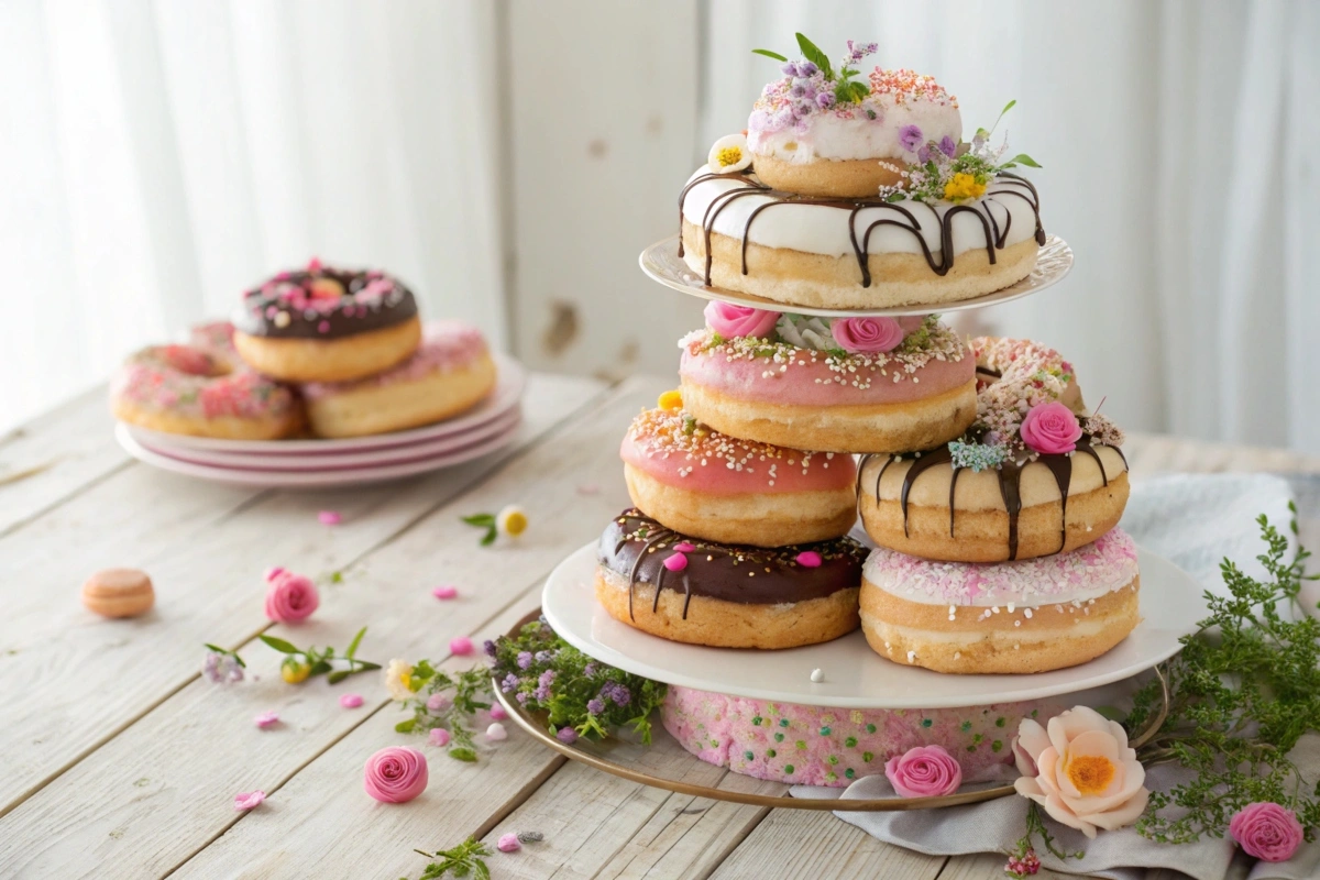 A donut cake centerpiece with assorted pastel-colored donuts frosted and decorated.