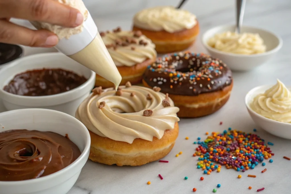 Close-up of donuts being frosted with buttercream surrounded by bowls of toppings.