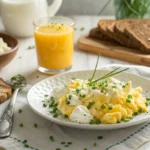 late of scrambled eggs with cottage cheese garnished with chives, served with toast and orange juice.