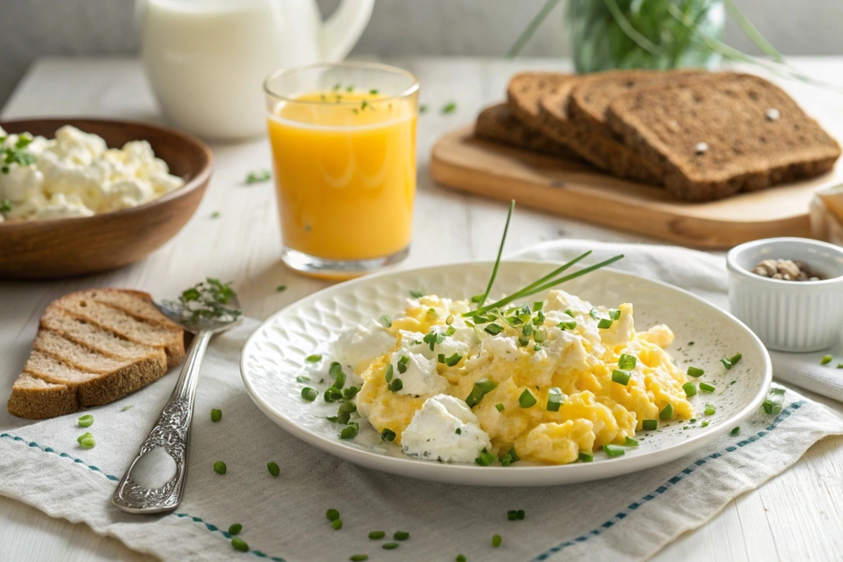 late of scrambled eggs with cottage cheese garnished with chives, served with toast and orange juice.