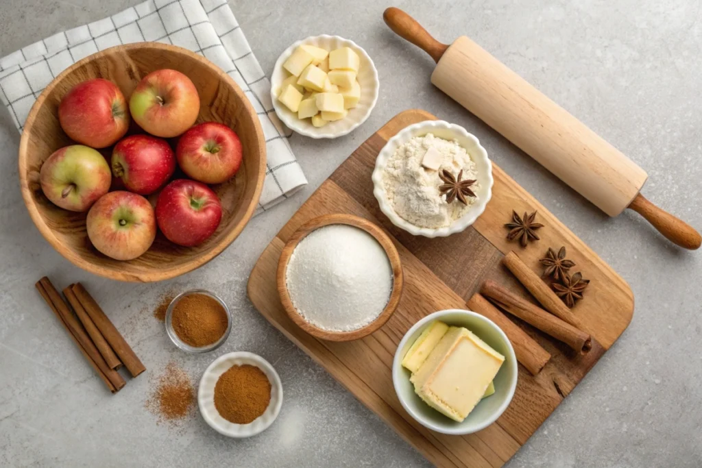 Ingredients for French apple pie including apples, spices, butter, and cream on a wooden board.