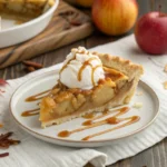 A slice of French apple pie topped with whipped cream and caramel sauce on a rustic table.