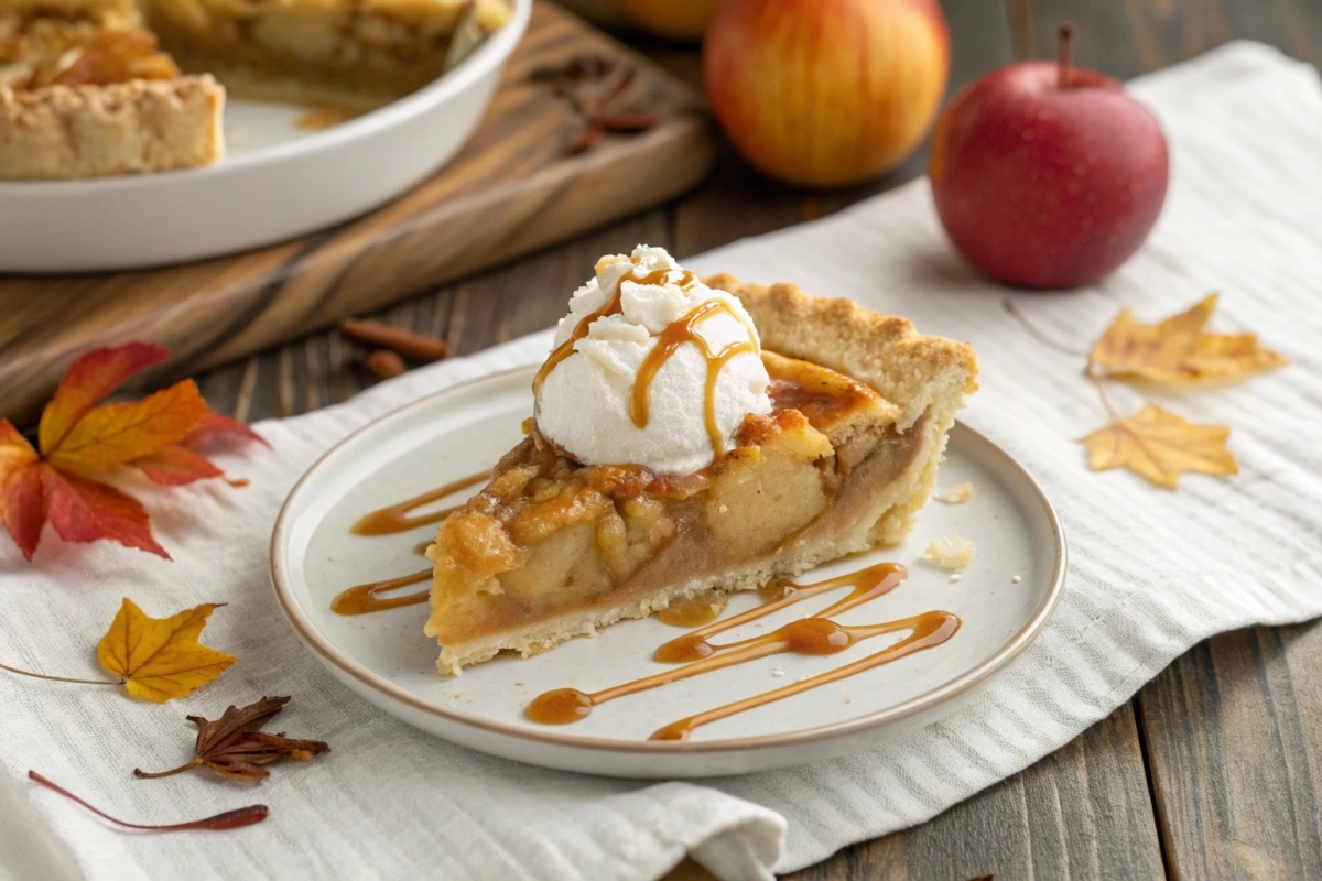 A slice of French apple pie topped with whipped cream and caramel sauce on a rustic table.