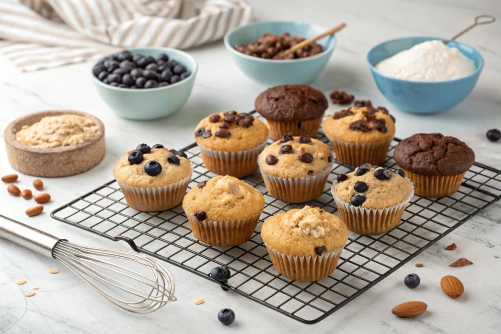 A variety of muffins on a cooling rack with baking tools in the background