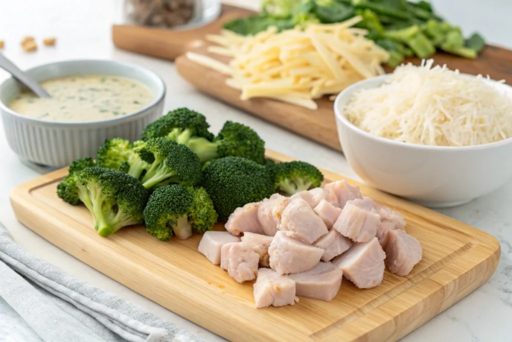 Freshly chopped broccoli, raw chicken, rice, shredded cheese, and cream of mushroom soup on a cutting board.