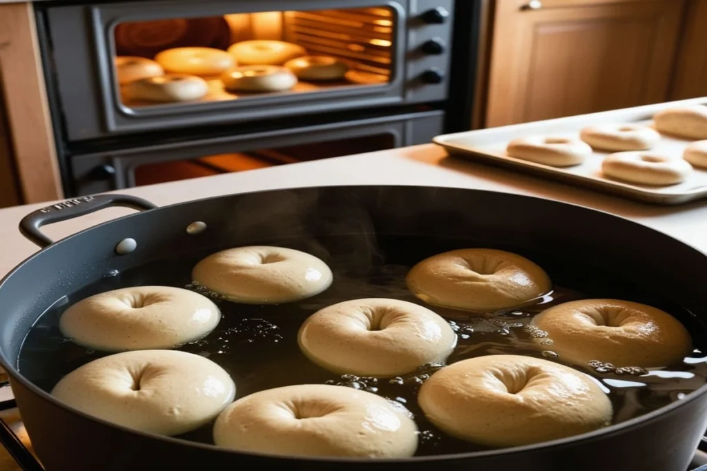A fresh batch of sourdough bagels boiling