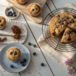 Freshly baked muffins and coffee cake on a wooden table