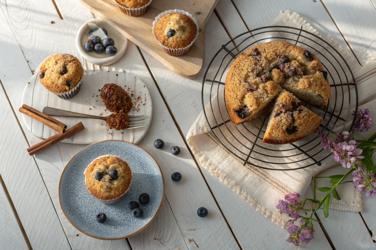 Freshly baked muffins and coffee cake on a wooden table