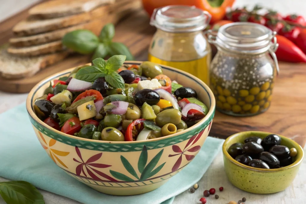 Vibrant olive salad with green and black olives, pickled vegetables, peppers, and fresh herbs.