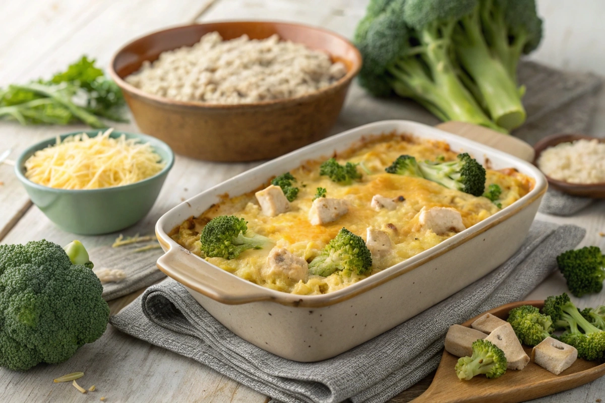 Baked chicken broccoli rice casserole topped with melted cheese in a rustic ceramic dish.