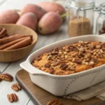 Baked sweet potato casserole topped with pecan streusel and toasted marshmallows in a rustic dish.