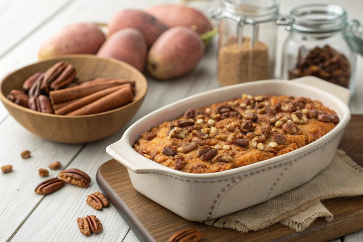 Baked sweet potato casserole topped with pecan streusel and toasted marshmallows in a rustic dish.