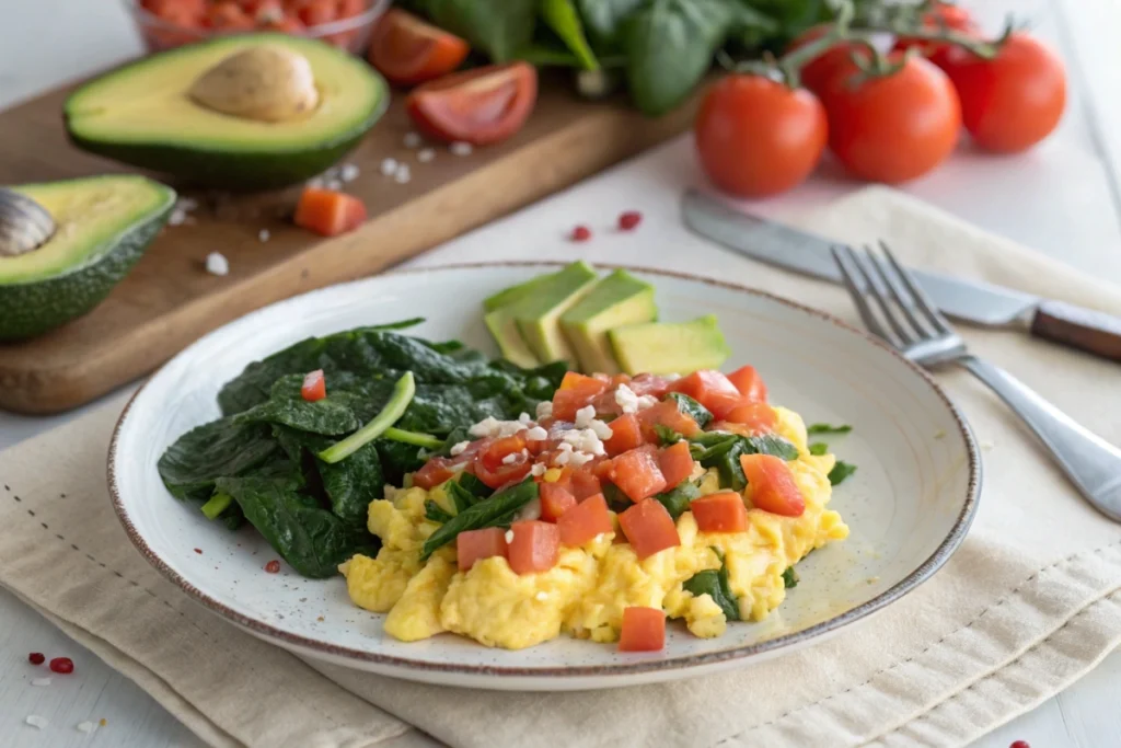 Scrambled eggs with cottage cheese served with spinach, tomatoes, and avocado on a rustic plate.