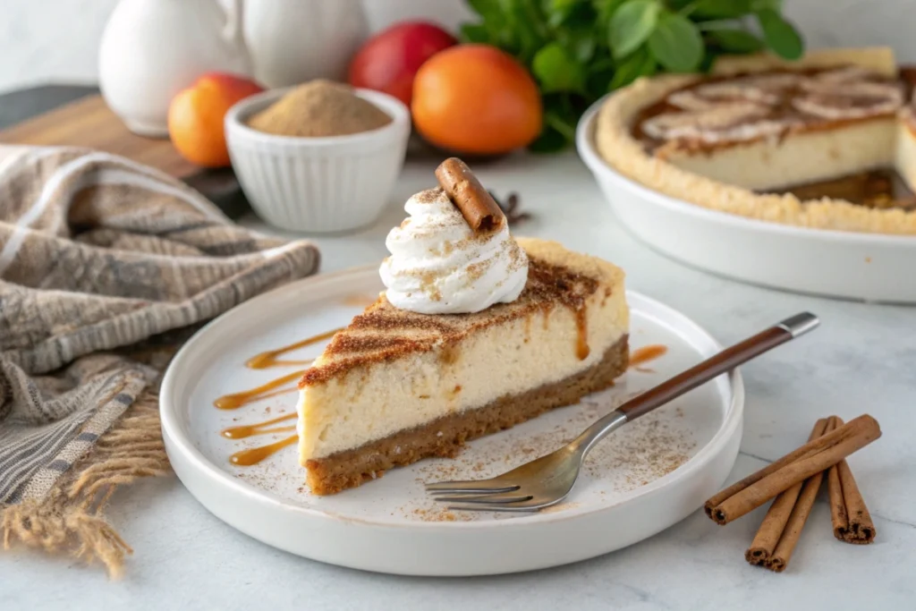 A slice of churro cheesecake on a white plate topped with whipped cream and caramel drizzle.