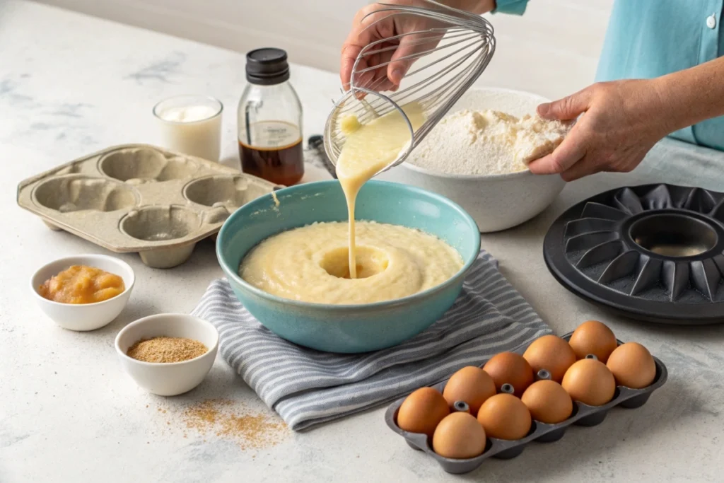 Hand pouring donut cake batter into a Bundt pan with ingredients displayed on a countertop.