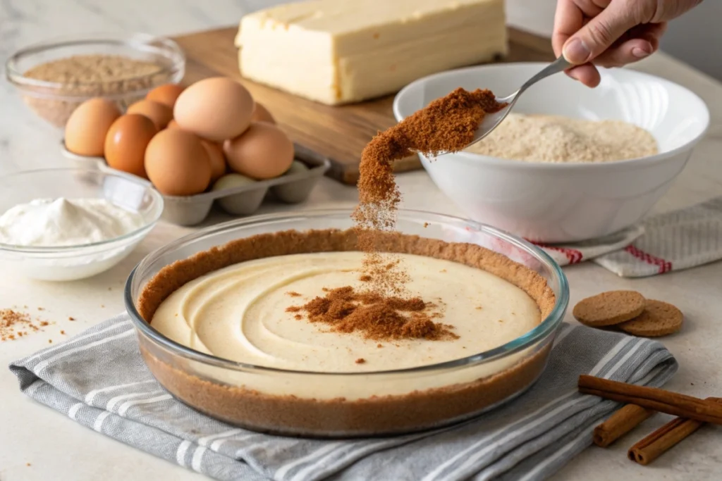 Step-by-step preparation of churro cheesecake with batter and cinnamon-sugar crust.