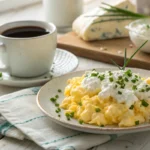 Plate of scrambled eggs with cottage cheese garnished with fresh chives on a rustic table.