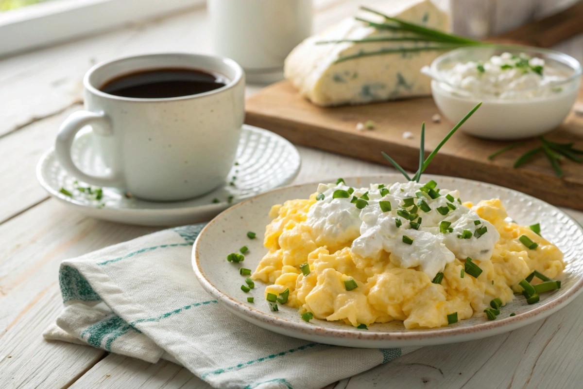 Plate of scrambled eggs with cottage cheese garnished with fresh chives on a rustic table.