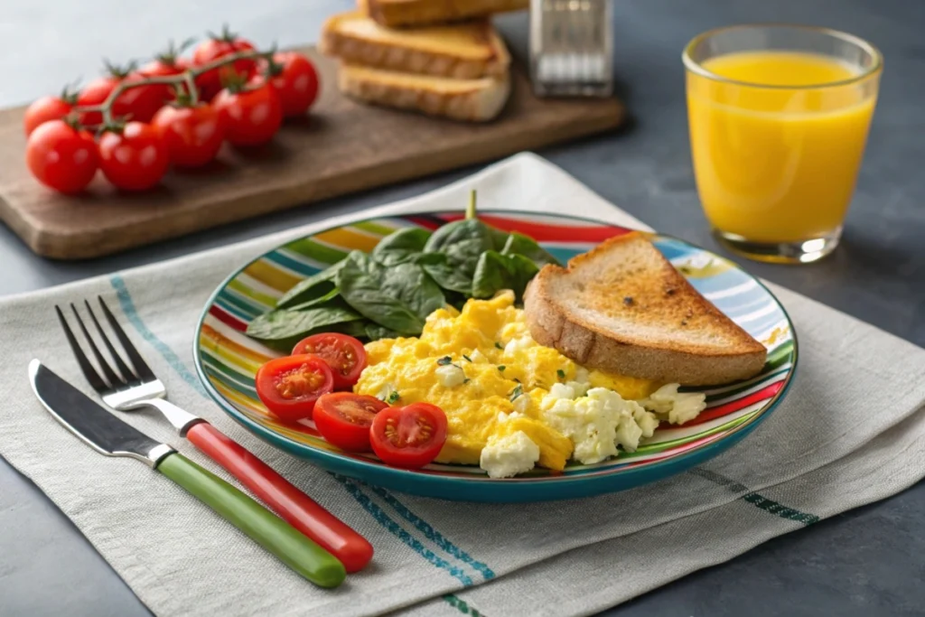 Scrambled eggs with cottage cheese served with cherry tomatoes, spinach, and toast.