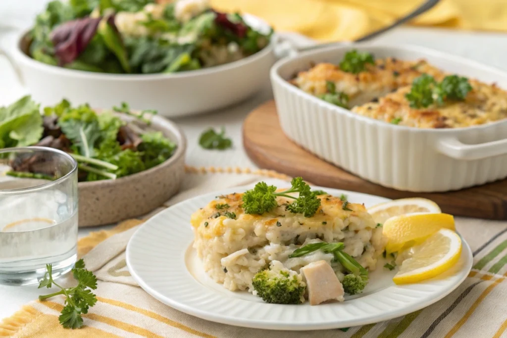 Plated serving of chicken broccoli rice casserole with parsley garnish and a side salad.