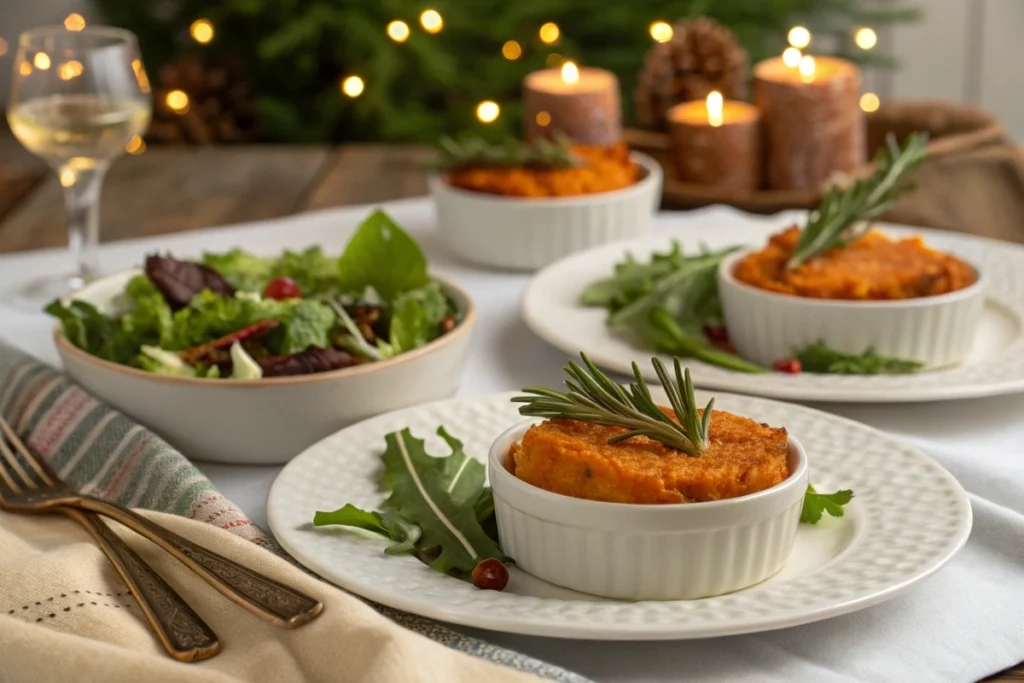 A serving of sweet potato casserole garnished with rosemary, paired with a green salad