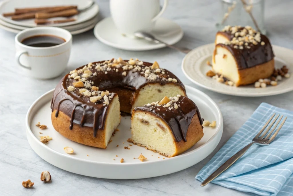 Sliced donut cake with chocolate glaze and chopped nuts on a white plate with a fork nearby.