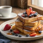 A stack of golden sourdough French toast topped with fresh berries, maple syrup, and powdered sugar.