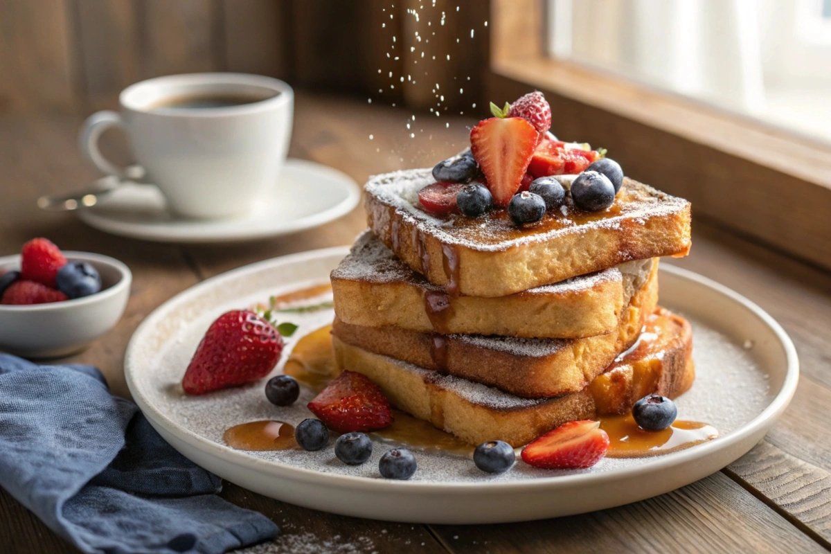 A stack of golden sourdough French toast topped with fresh berries, maple syrup, and powdered sugar.