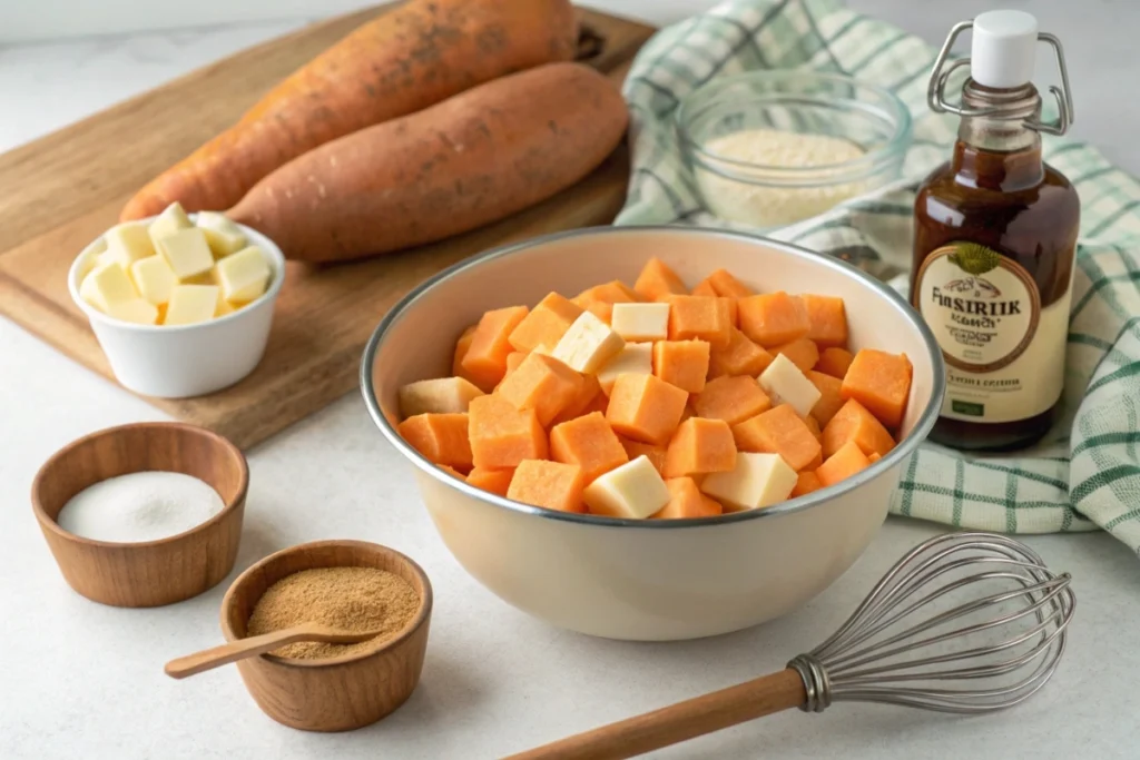 Freshly peeled and cubed sweet potatoes in a mixing bowl with brown sugar, butter, and cinnamon nearby.