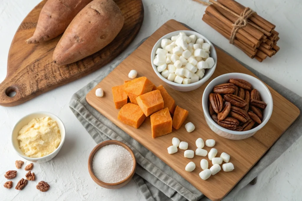 Ingredients for sweet potato casserole arranged on a wooden cutting board.