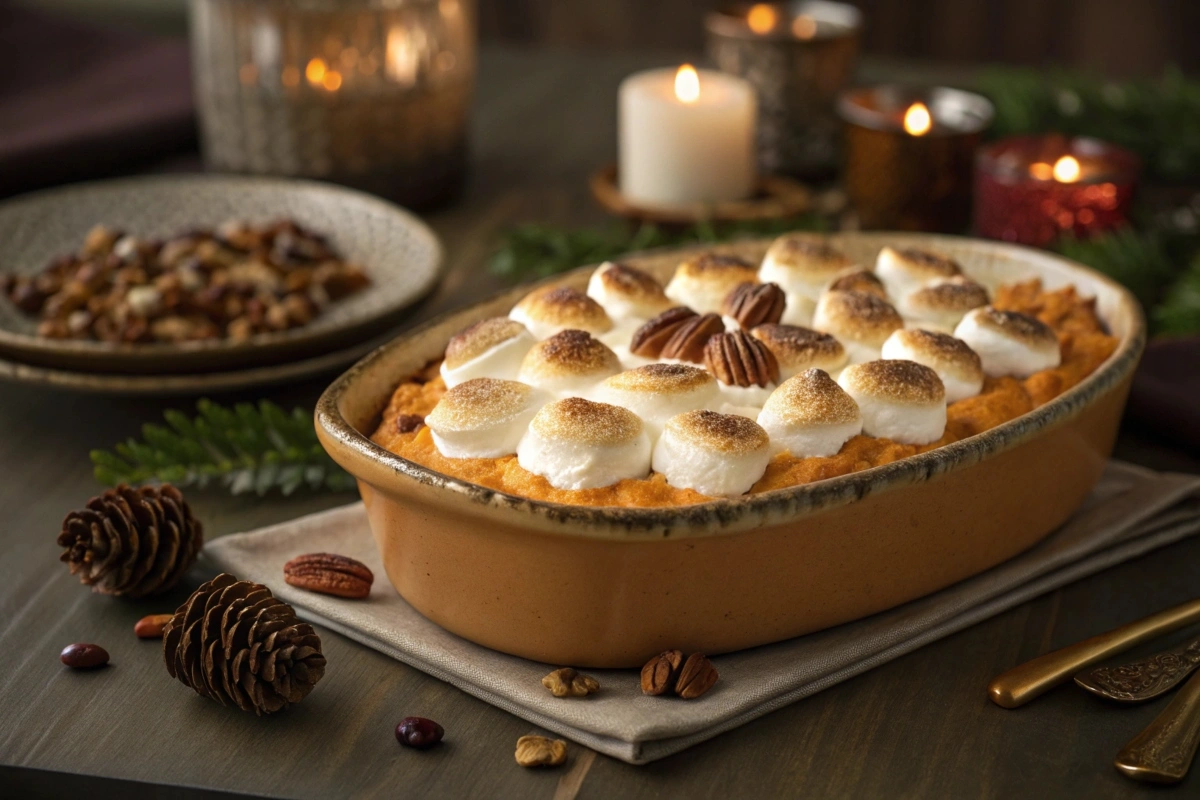 Sweet potato casserole topped with golden marshmallows and pecans on a holiday dinner table.