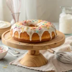 Whole donut cake on a wooden stand, glazed with vanilla icing and sprinkles in a cozy kitchen.