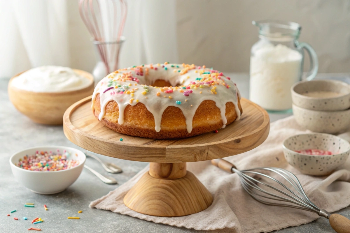 Whole donut cake on a wooden stand, glazed with vanilla icing and sprinkles in a cozy kitchen.