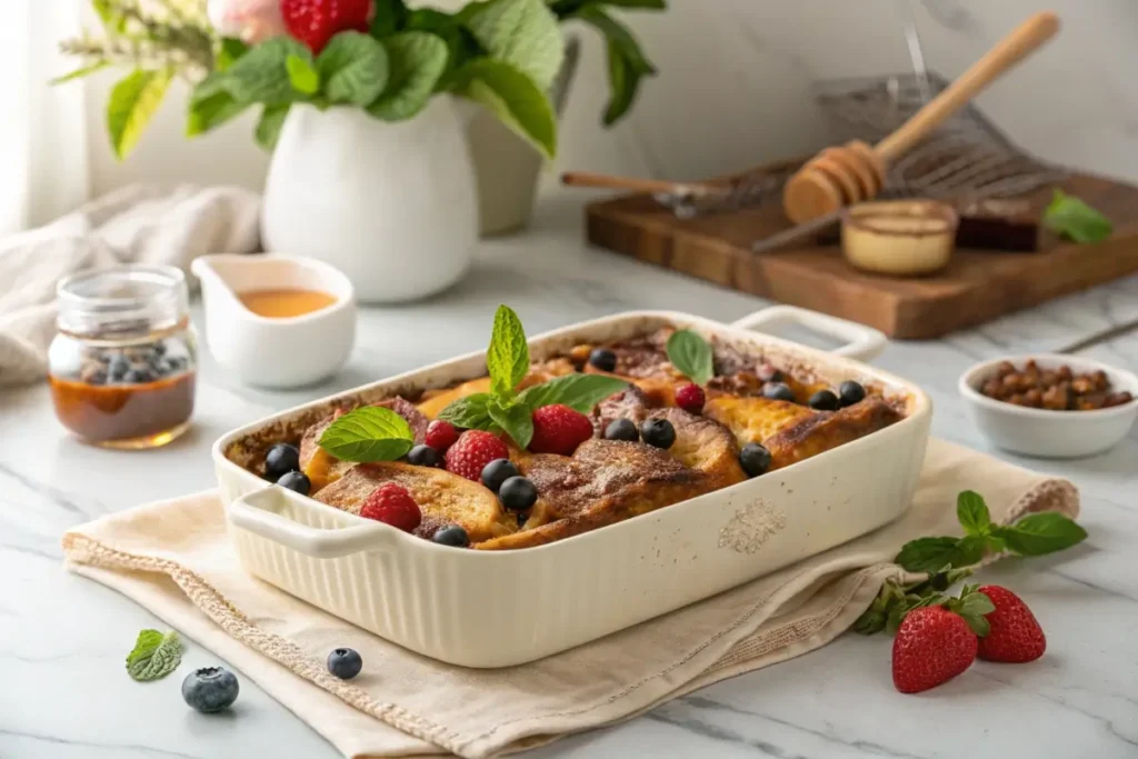 Baked brioche French toast casserole with garnishes.