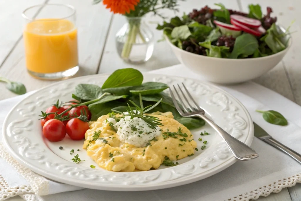 A plate of scrambled eggs with cottage cheese, garnished with herbs and served with a fresh side salad.