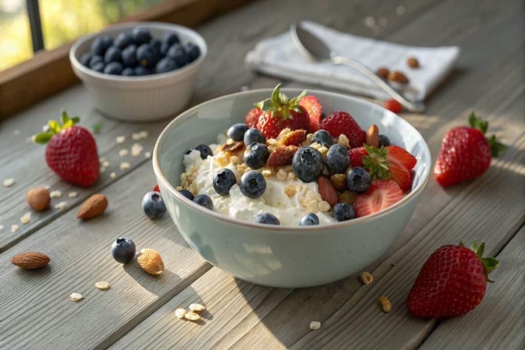 Delicious cottage cheese mixed with fresh fruits and nuts