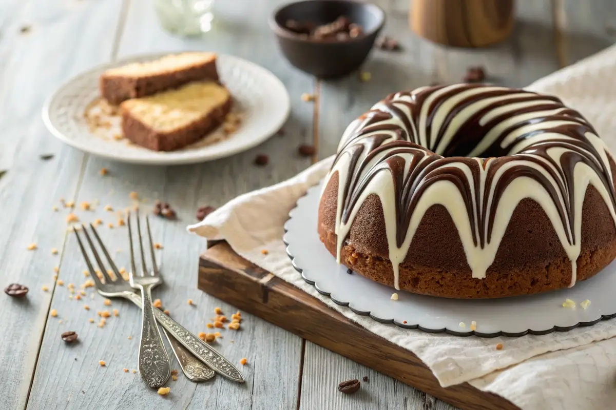 Close-up of a classic zebra cake with bold stripes on a rustic table.