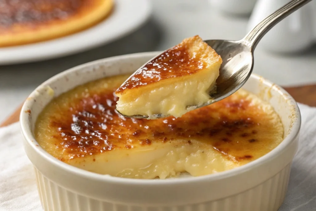 Spoon cracking the caramelized sugar top of a crème brûlée.